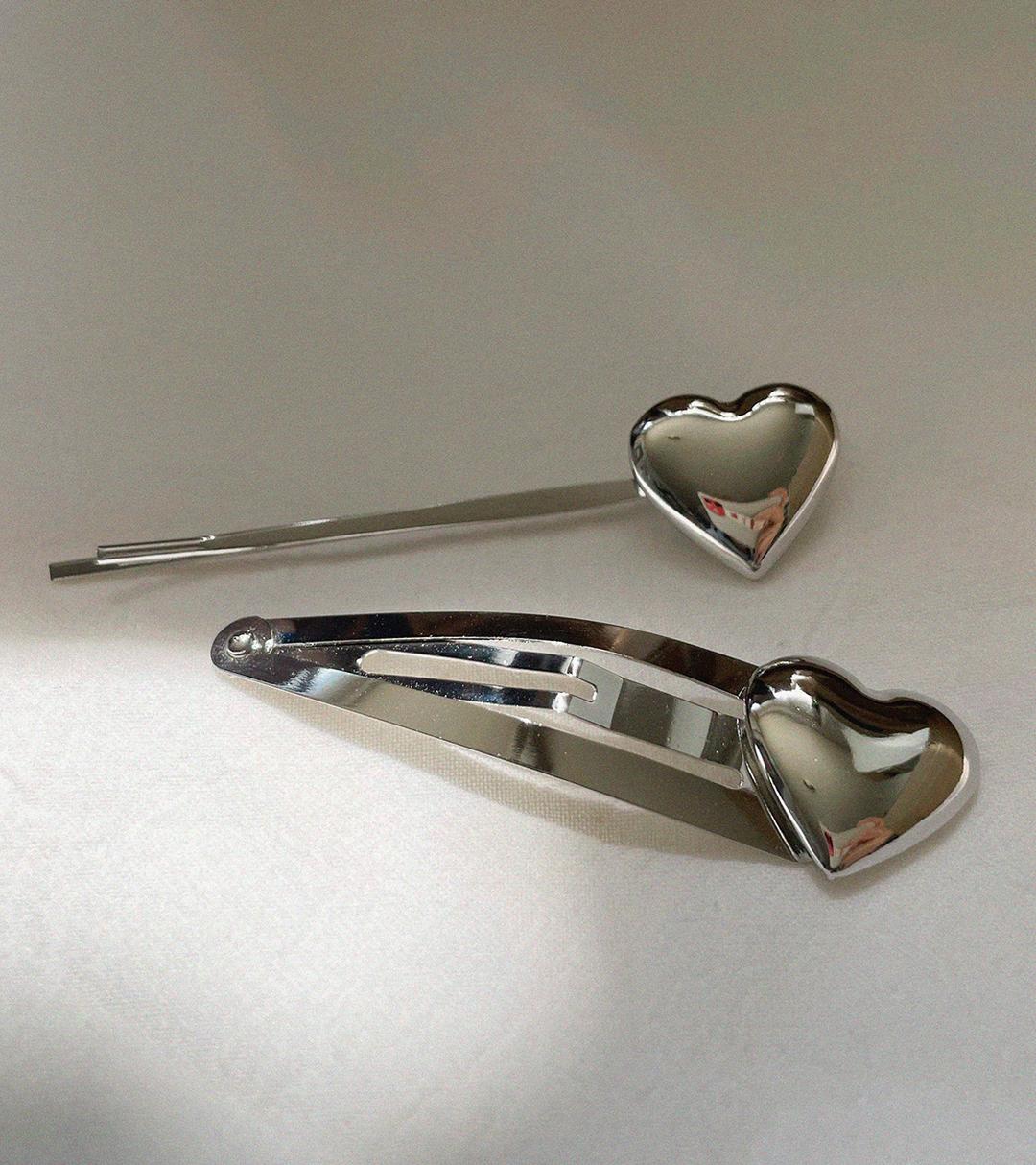 세트 메탈 실버 하트 똑딱핀 일자핀 2ps 옆머리 헤어클립 머리핀 헤어핀 실핀