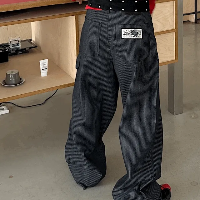 [UNISEX/추천] 스트라이프 빈티지 패치 카펜터 데님팬츠