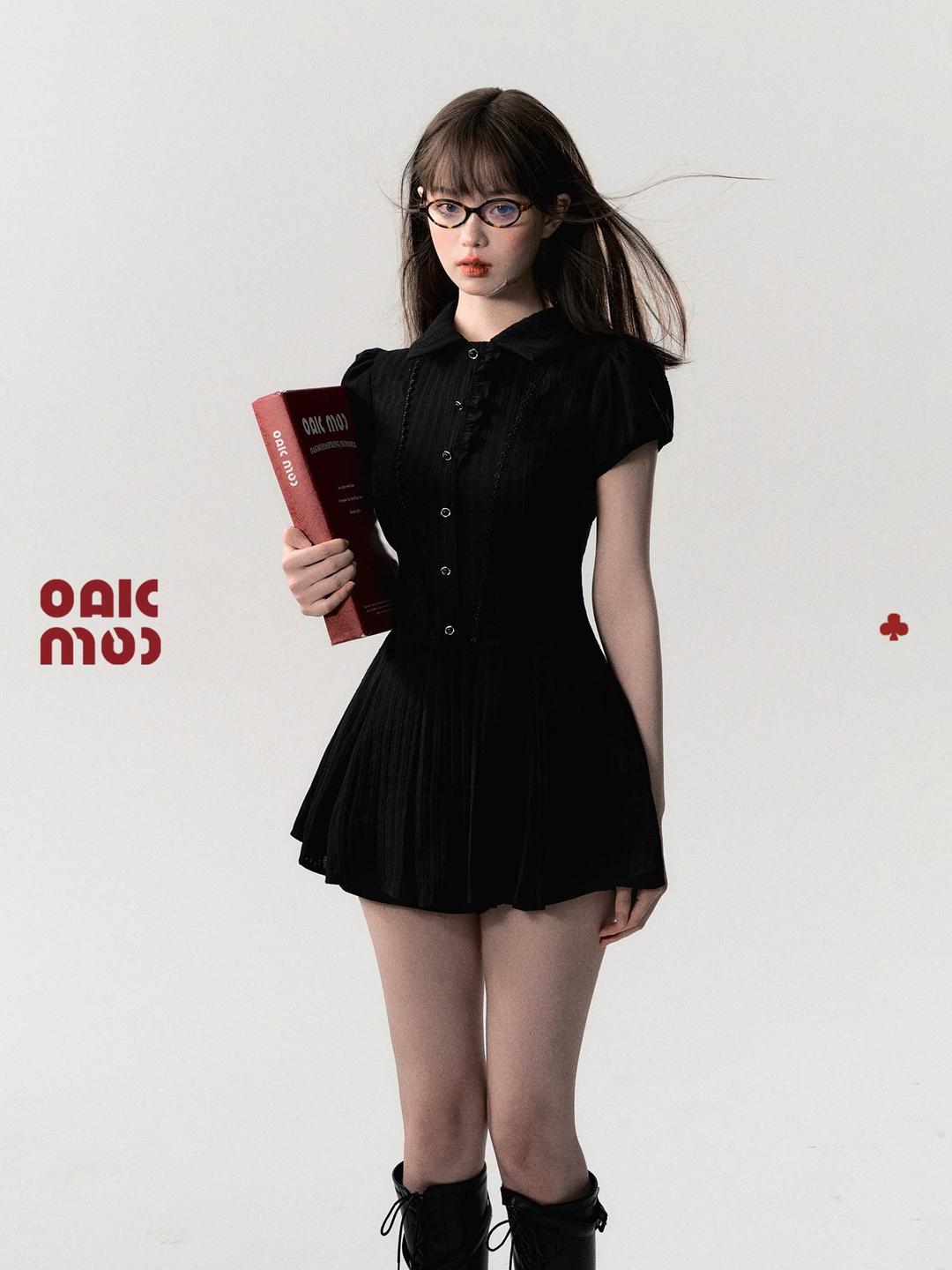 (DC) [OAK MOO] "Wait for you to finish class\" - shirt dress (Black)