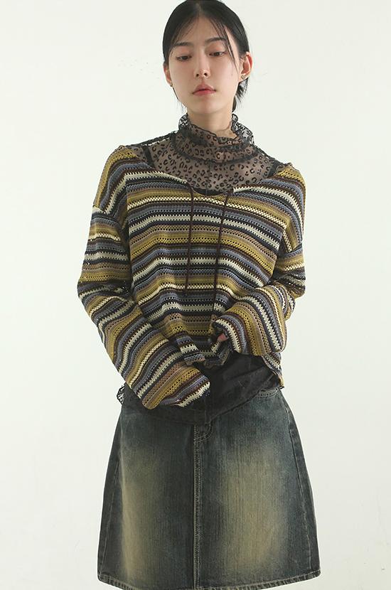 string neck mixed stripe knit top