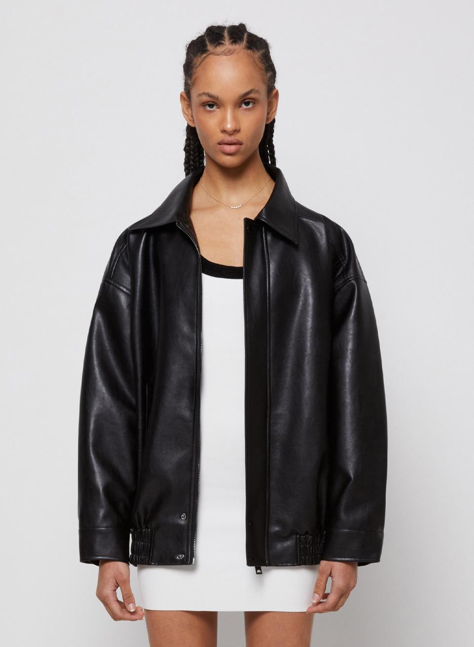 9041 비건레더 오버핏 빈티지점퍼_블랙