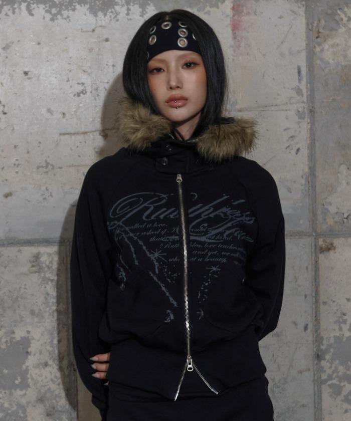 RUTHLESS FUR HOODED ZIP-UP (BLACK) F25ZA005