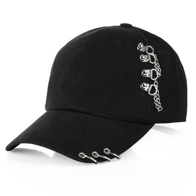 Korean Style Chain Piercing Baseball Cap (Black/Pink/White) - Black / 55-60cm