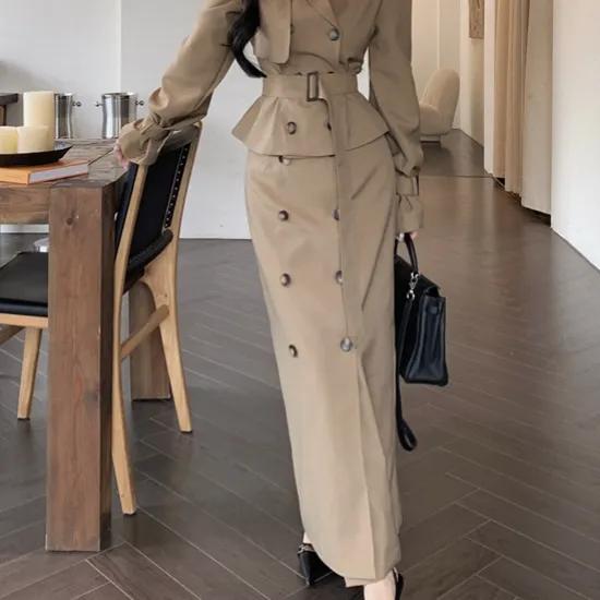 더블브레스트재킷 + 하이 웨이스트 롱 스커트 세트