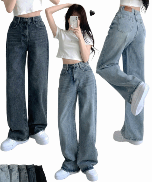기모추가❤️‍🔥["인생\"데님🖤/기장선택/~XL] 올데이 하이웨스트 캣브러쉬 워싱 데님 와이드 팬츠 바지 키작녀 키큰녀 빅사이즈 청바지