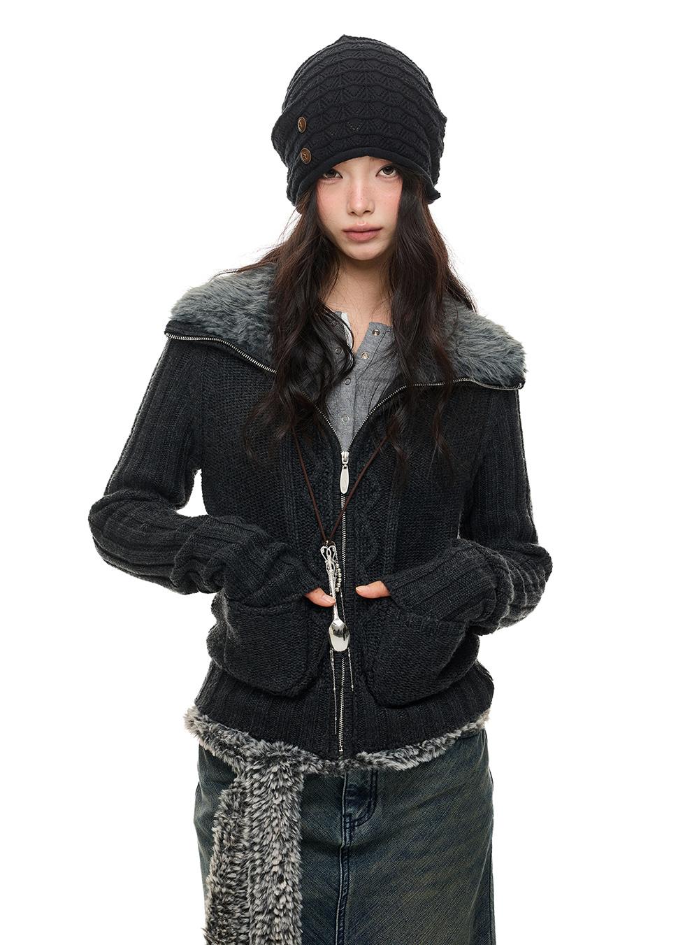Fur Trim Knit Zip Cardigan (2color)