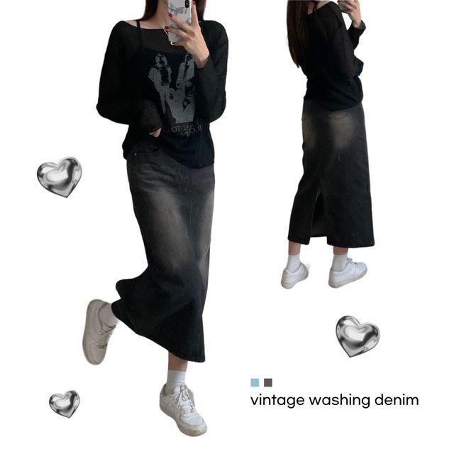 (YKK지퍼) 빈티지 워싱 h라인 트임 롱 데님 스커트 청치마 y2k - 중청 흑청