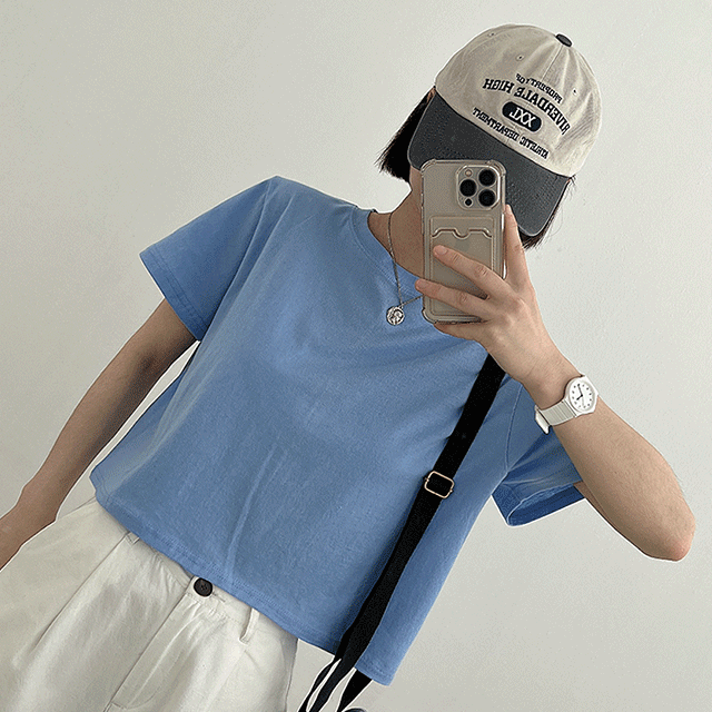 무지 크롭 심플 베이직 코튼 반팔 티셔츠 (6color)