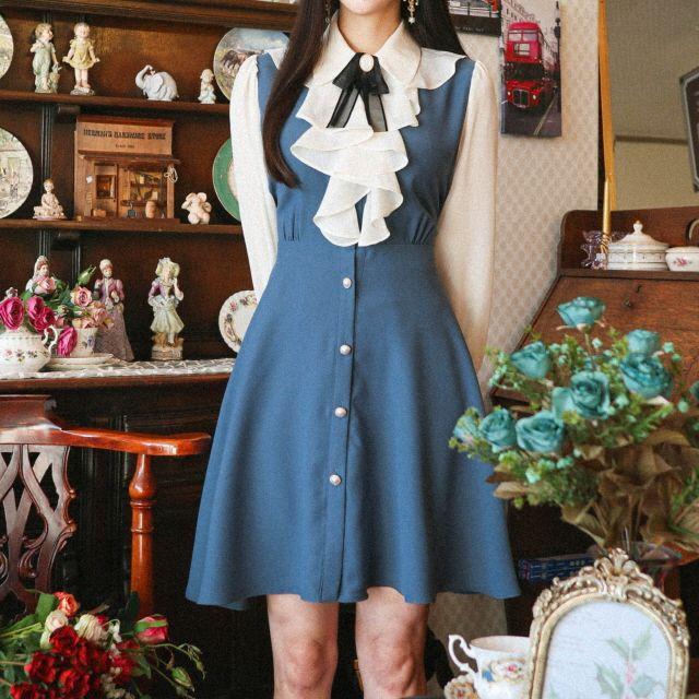 [브로치set] 도로시 프릴 배색 카라 미니 원피스 op0023