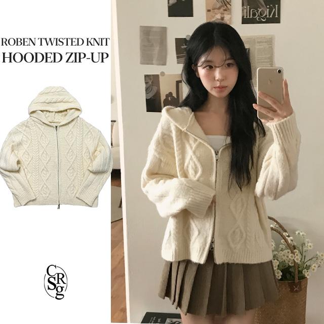 크림슈가 [투웨이/*울6%] 로벤 꽈배기 니트 후드집업