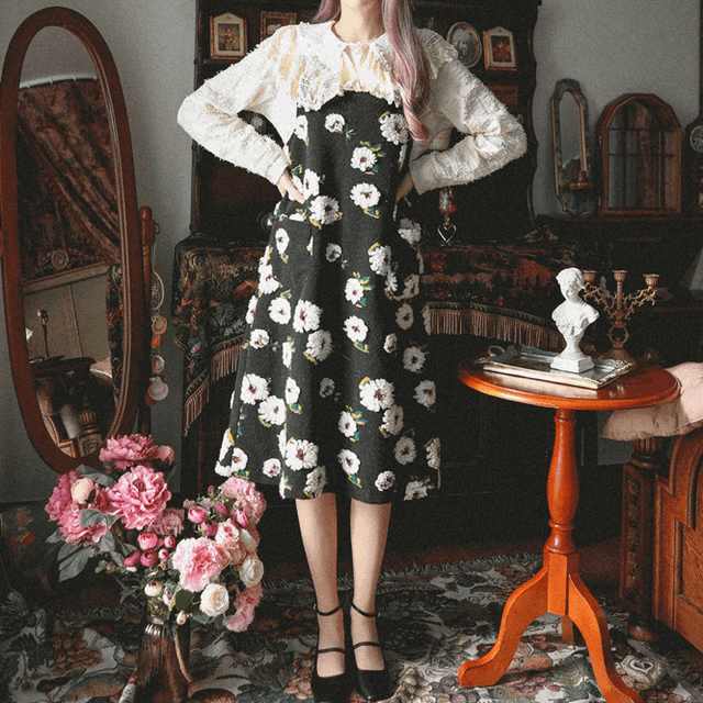 부클 플라워 뷔스티에 원피스 + 레이스 블라우스 세트 op0275