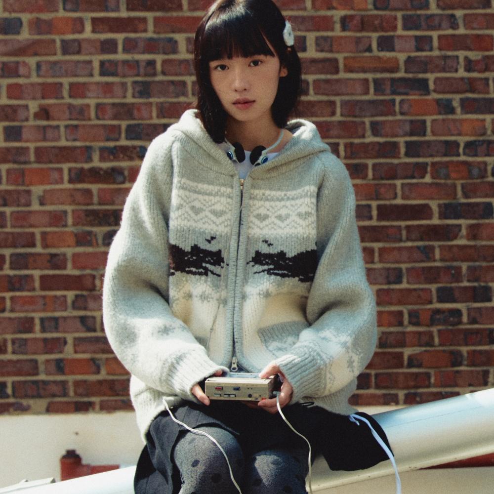 CAT JACQUARD HOOD ZIP UP KNIT GREY