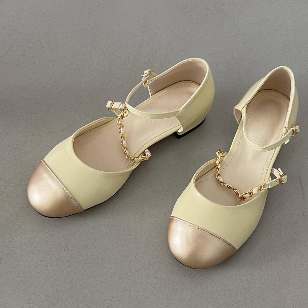 메리제인슈즈 메리제인 투톤 체인 스트랩 둥근코 플랫 구두