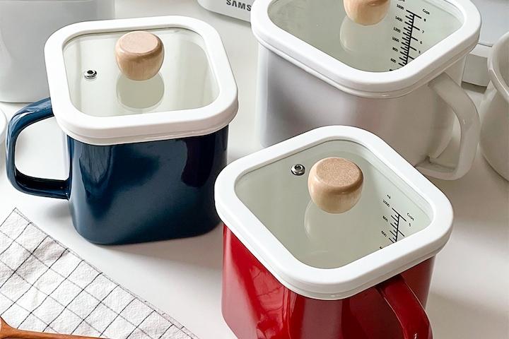 손잡이 눈금 법랑 냄비/밀폐용기(실리콘뚜껑포함)2.2L+법랑 전용 유리뚜껑 2.2L