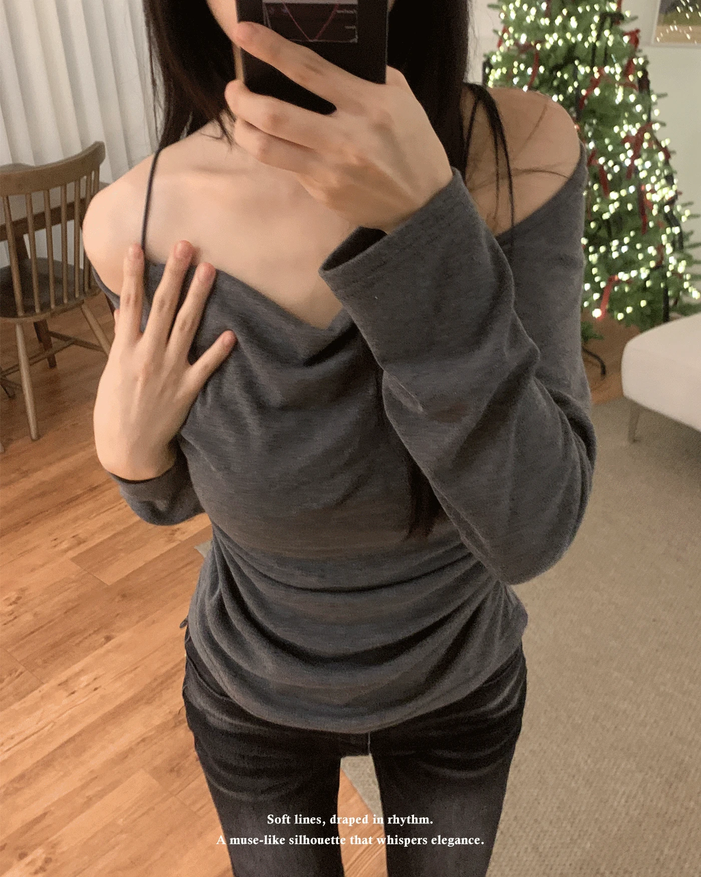 Jenn Muse 오프숄더 스트랩 드레이프 롱 슬리브 탑 (3color)