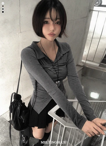 [일체형/여리핏🩶]빈츠 뷔스티에 레이어드 셔링 카라티 롱슬리브 긴팔티 가을옷 소개팅 데이트룩 꾸안꾸 브이넥(아이/브라운/차콜/블랙)