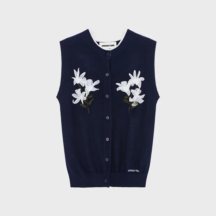(W) Ribbon-stitch sleeveless knit cardigan (navy blue)