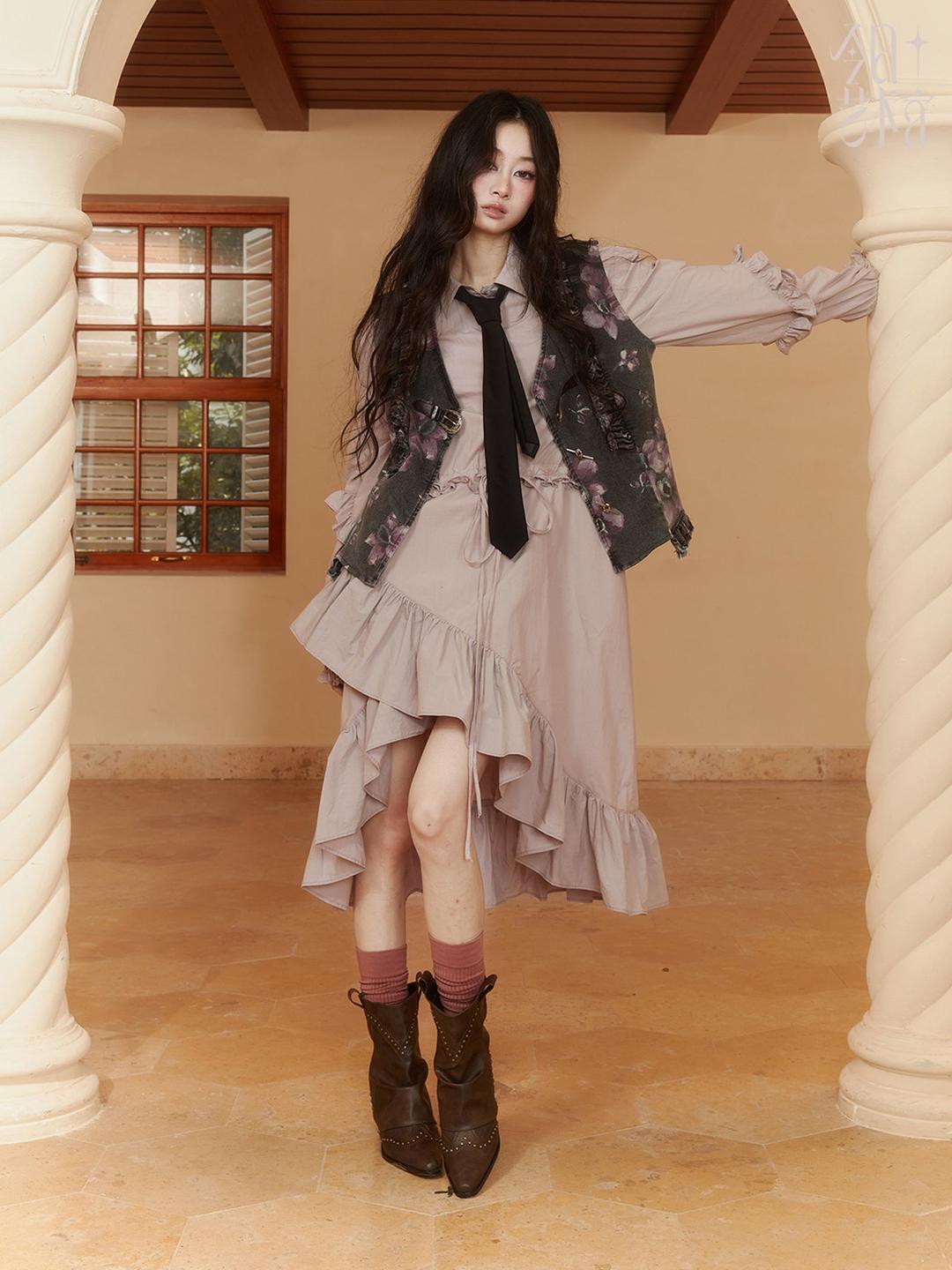 Asymmetry Frill Flower Retro Vest＆One-Piece - S / grey(presale) / vest