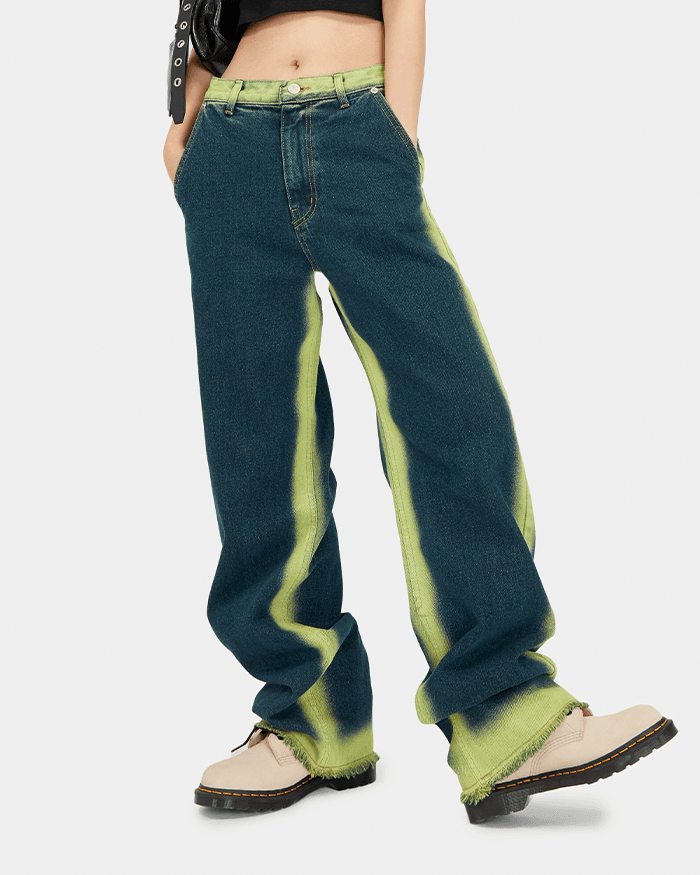 네온 프린지 와이드 데님 팬츠