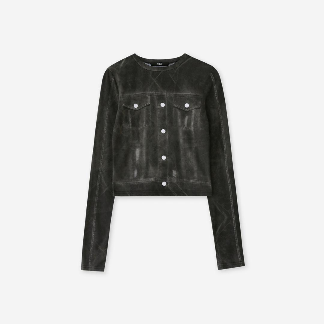 Yuse Denim Shirt Full Printed Round T-Shirt Black