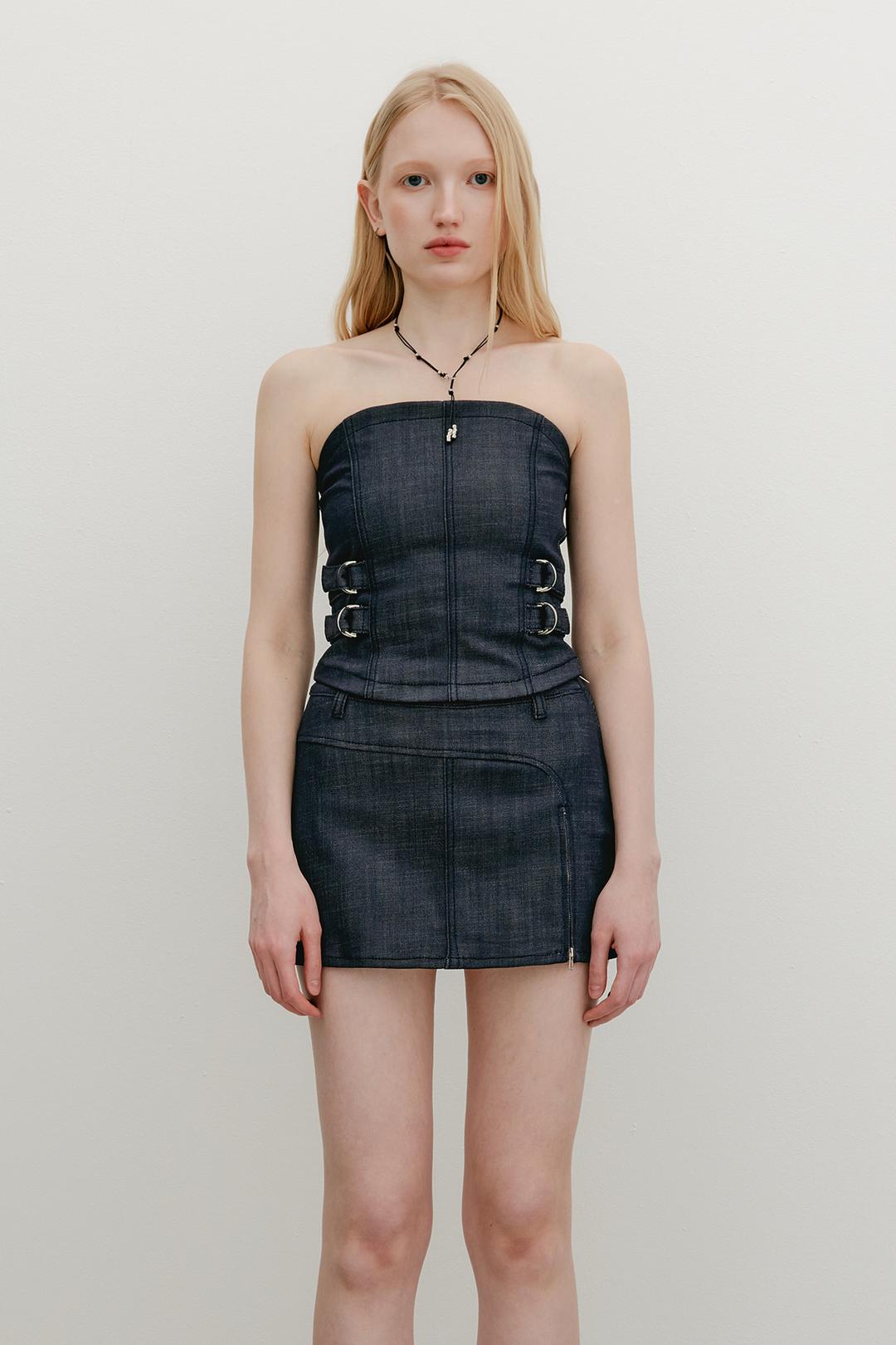 BELTED DENIM TUBE TOP - RAW INDIGO