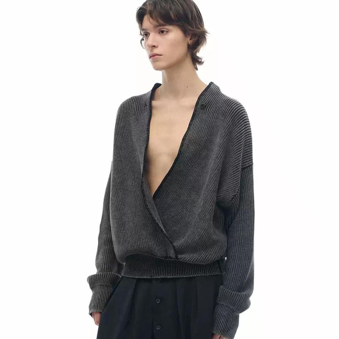 Slight Vogue 빈티지 그래파이트 워싱 브이넥 버튼 가디건