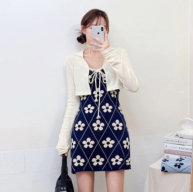 [*오늘!!당일출고*SET가능*] 엣지 플라워 나시 니트 미니 원피스
