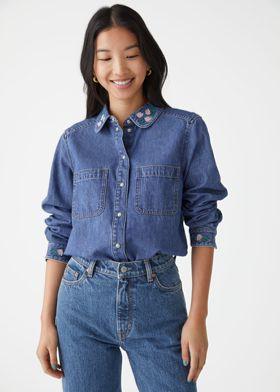 플로럴 엠브로이더리 데님 셔츠