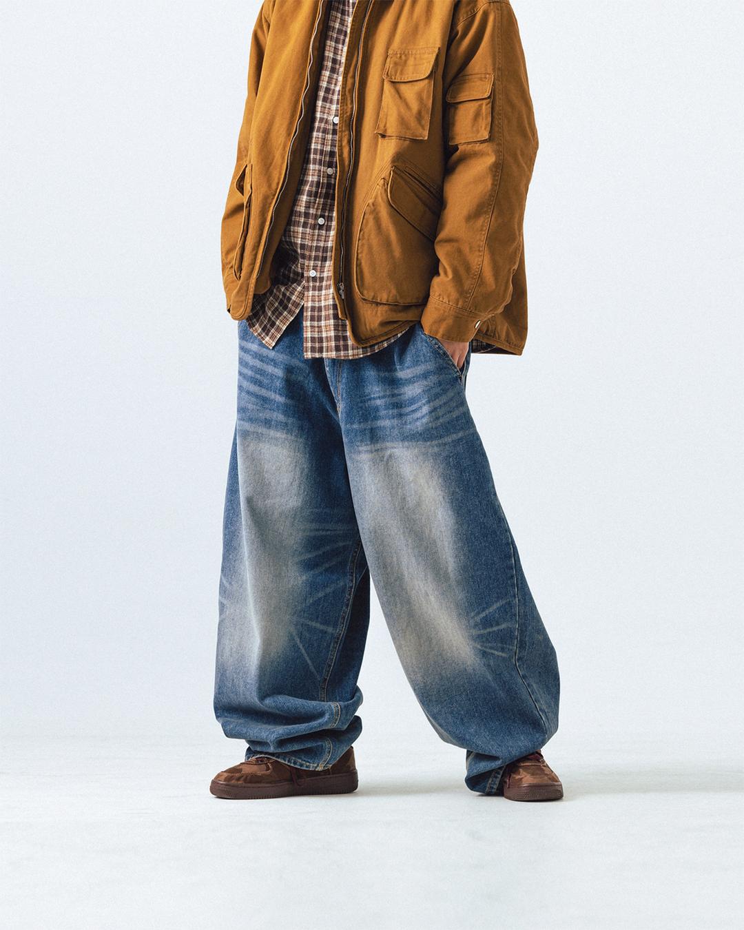 Brush Washed Denim Wide Pants - Blue