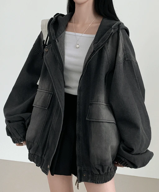 랭크 풀워싱 오버핏 데님 점퍼, 청자켓