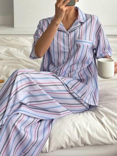 DAZY Striped Loose Fit Short Sleeve Pajama Set