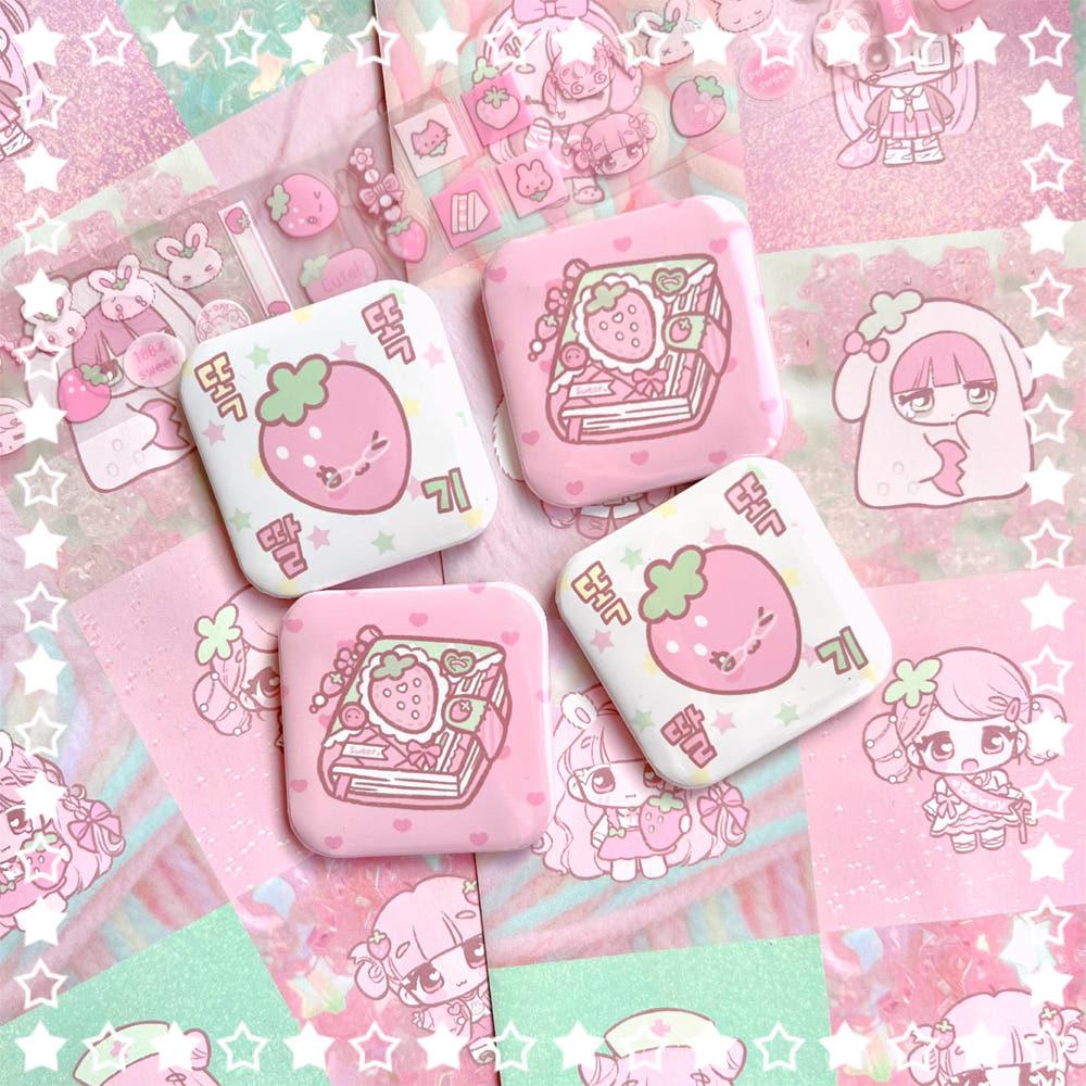 설기일러스트 딸기 정사각 핀버튼 2종 선택