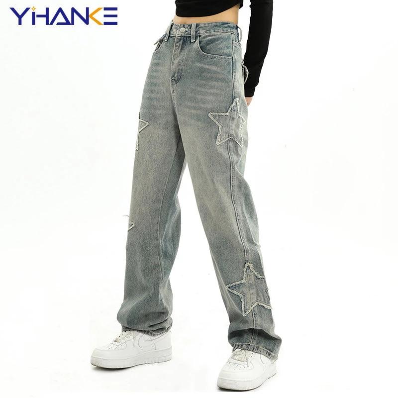 Streetwear Blue Pentagram High Waist Jeans Y2k Hip Hop Straight Vintage Jeans Boyfriend Jeans Women's Trousers Low Waist Jeans
