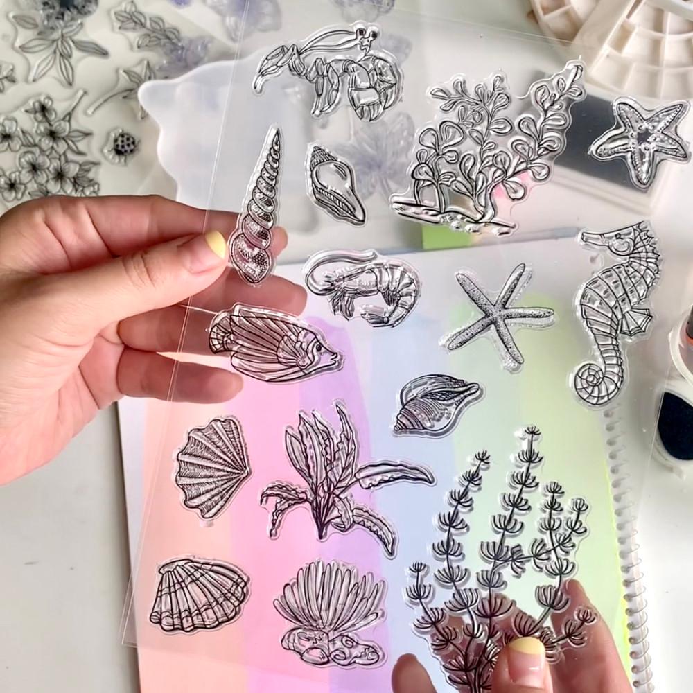 붙여쓰는 클리어 실리콘 스탬프 빈티지 일러스트 바다생물 꽃 레터링 스템프
