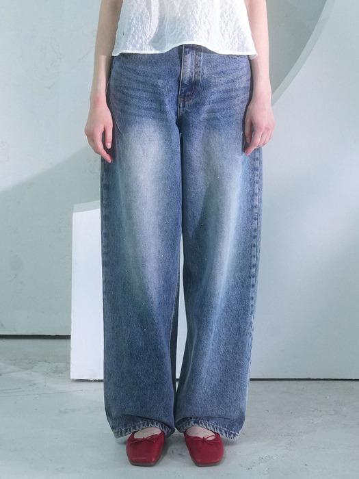 Beads Baggy Denim Pants BLUE