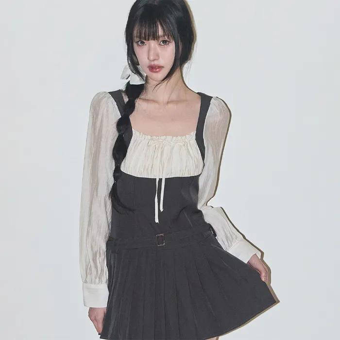 프레피 리본 플리츠 원피스 차콜