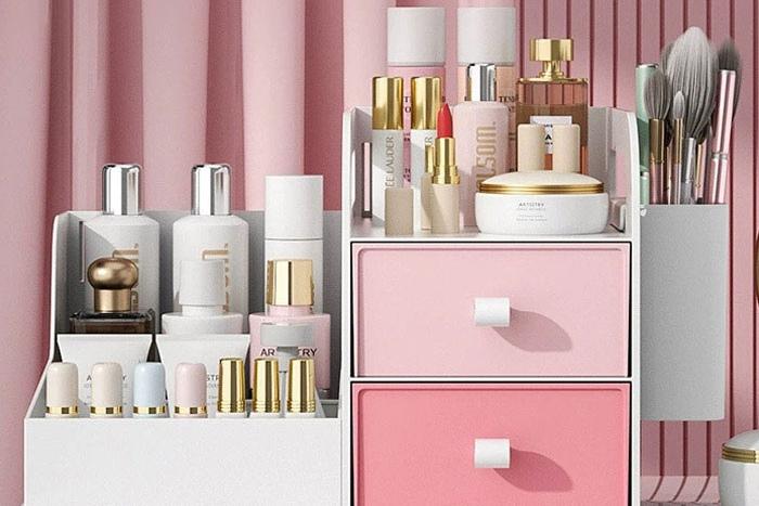핑크 책상 화장대 화장품 정리함 수납함 정리대
