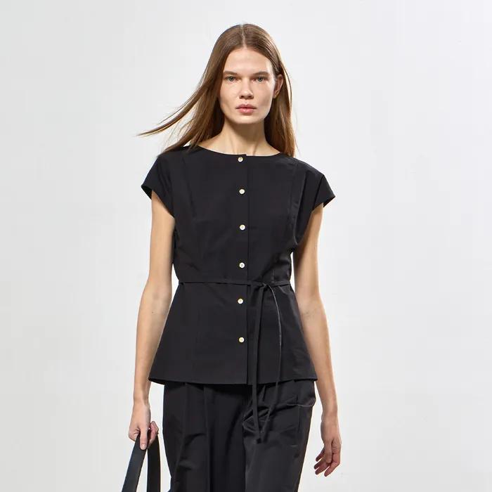 BOAT NECK CAP-SLEEVE BLOUSE - BLACK
