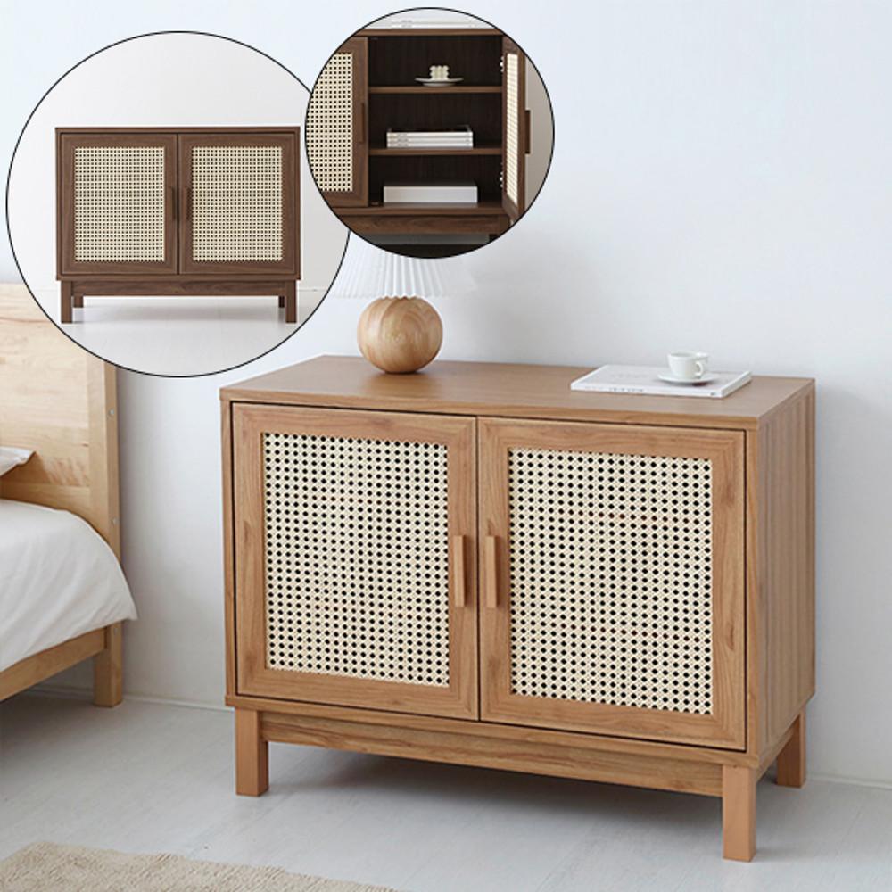 마켓비 라탄수납장 원목 미니 수납장 거실 수납장 낮은 2문 90