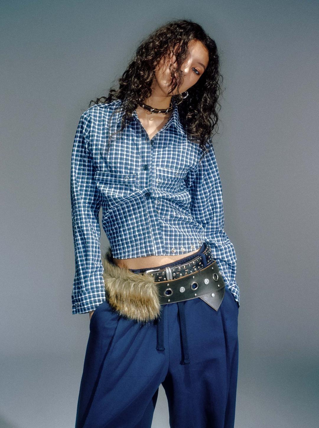 NIA BUTTON CHECK SHIRTS NAVY