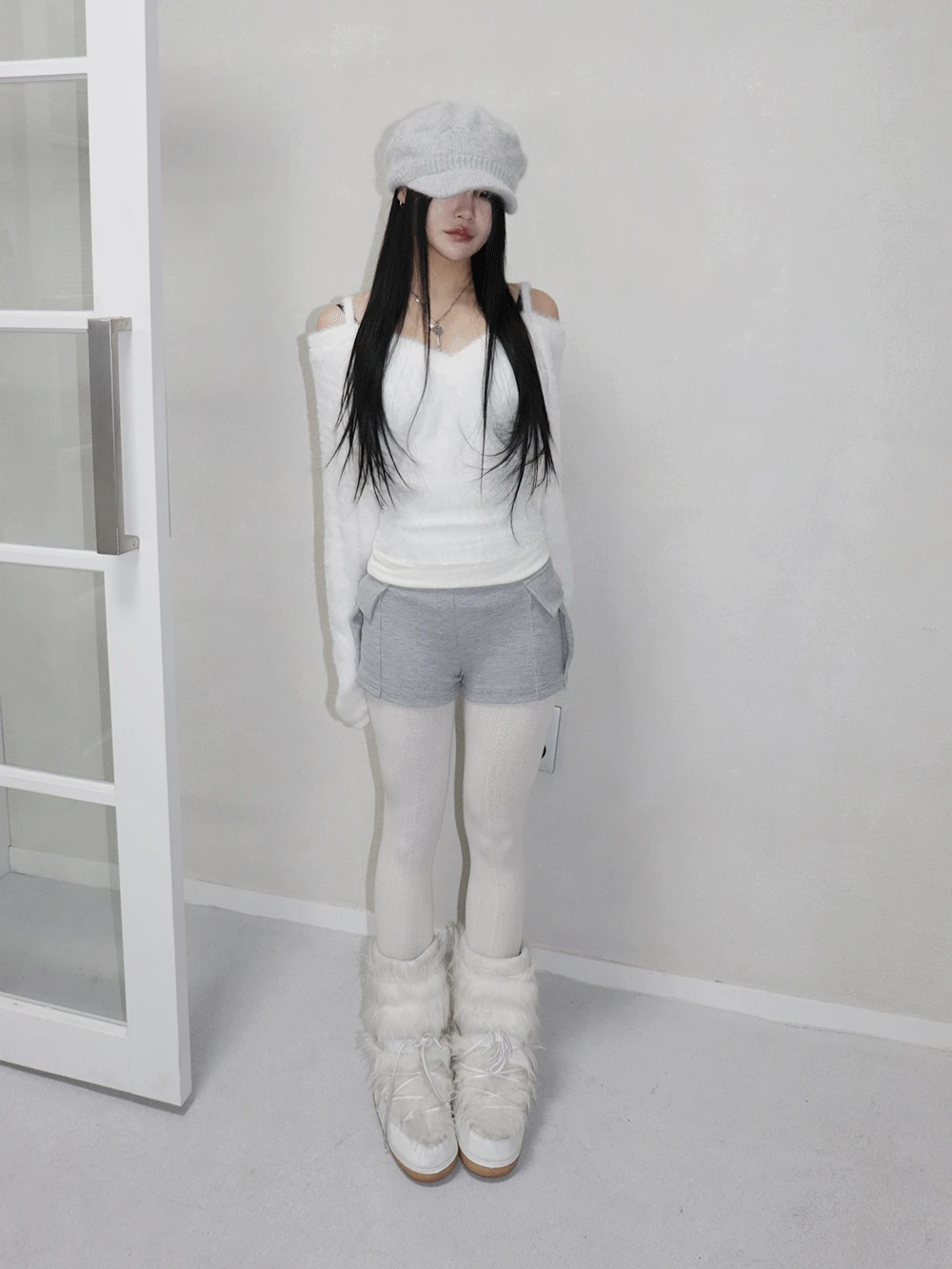 wide fur off-shoulder knit (3 color) | 와이드 퍼 오프숄더 니트