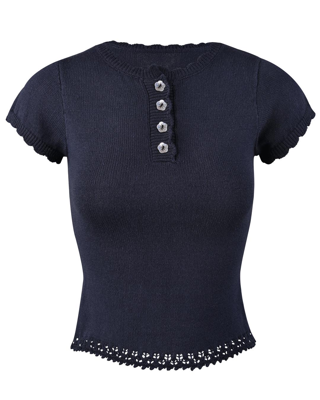 Lace Knit Button Top - Navy - XS