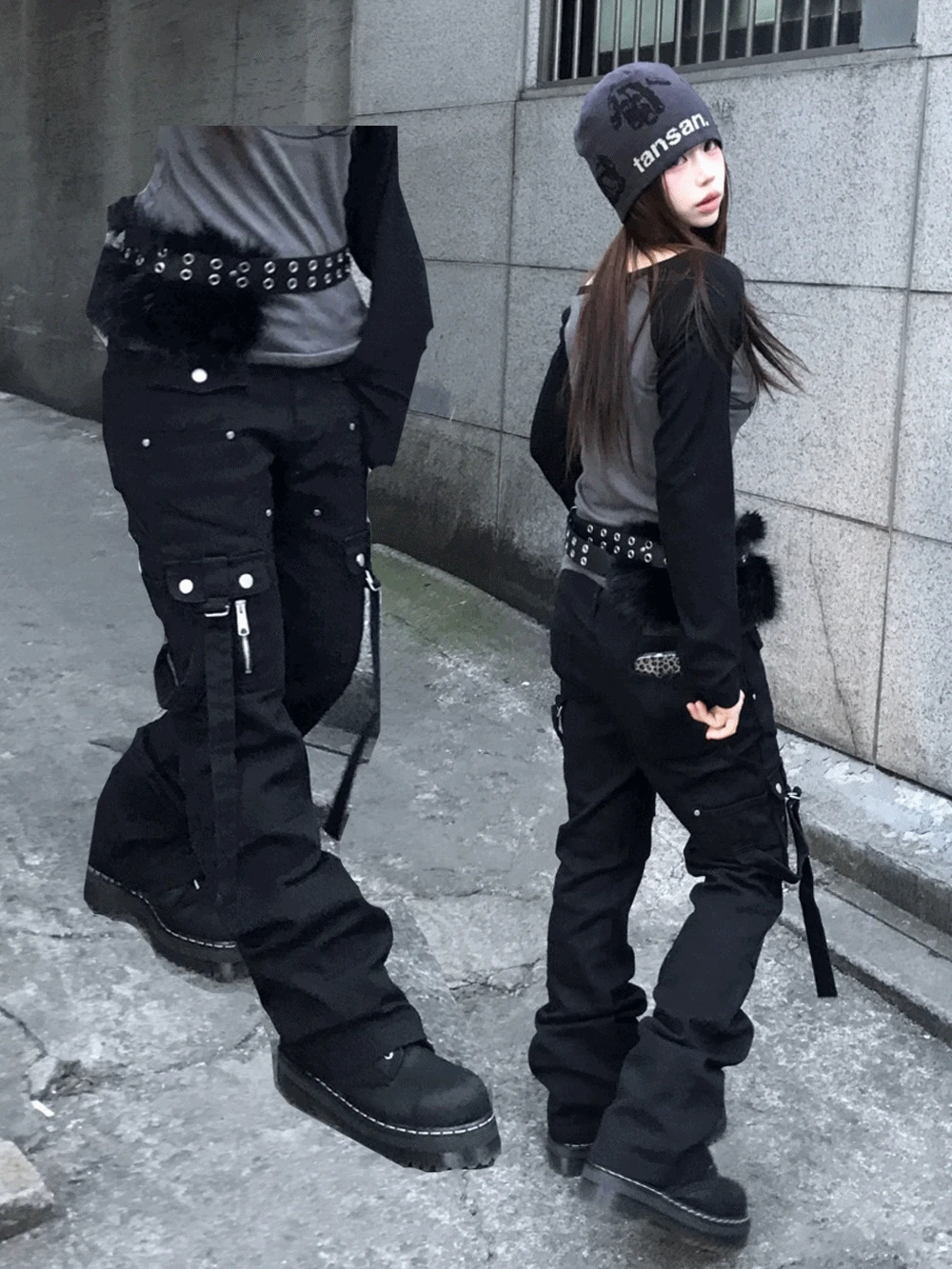 크루 y2k 블랙 카고 로우라이즈 부츠컷 팬츠