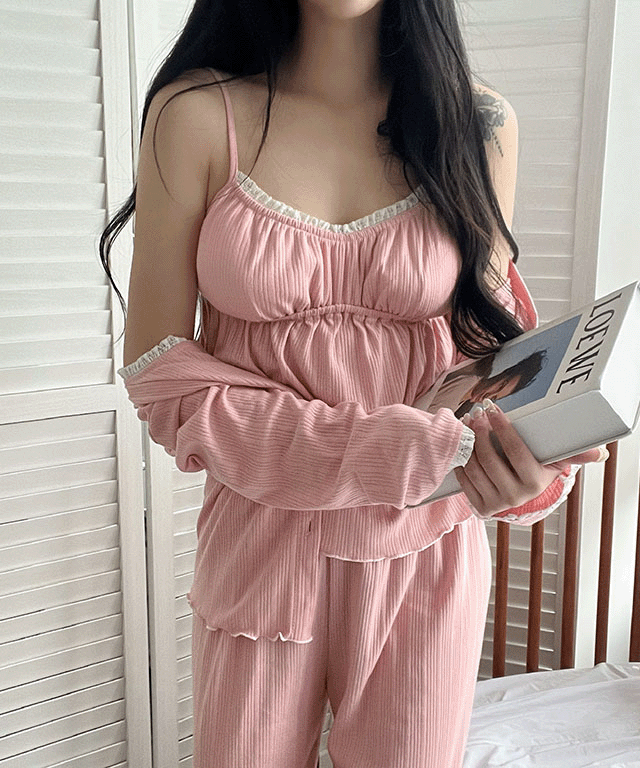 [당일발송] 4컬러 3피스 탈부착캡 나시 가디건 세트 파자마 잠옷