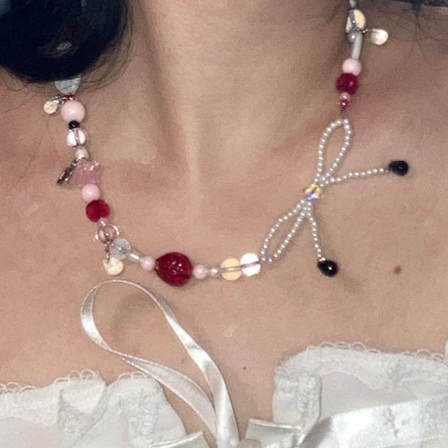 러블리 🍓 딸기 하트 별 리본 레드 진주 비즈 초커 목걸이