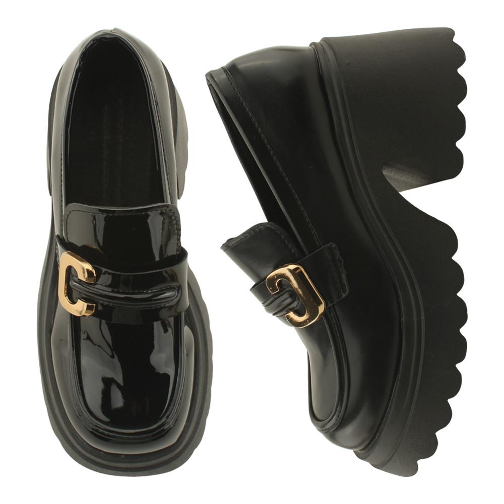 금장 버클 스트랩 통굽 미들힐 키높이 로퍼 7cm