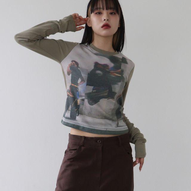 (2color)무브먼트 프린팅 배색 긴팔티