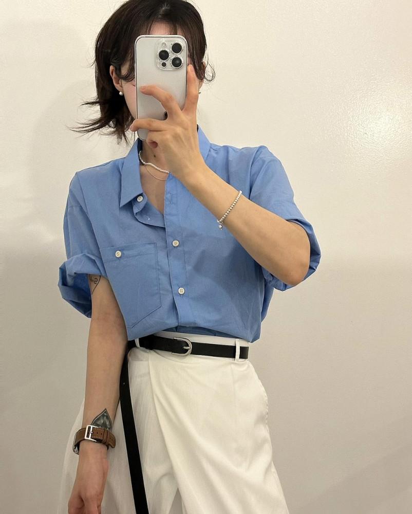 루디 여성 여름 반팔 카라 코튼 면 포켓 루즈핏 남방 셔츠