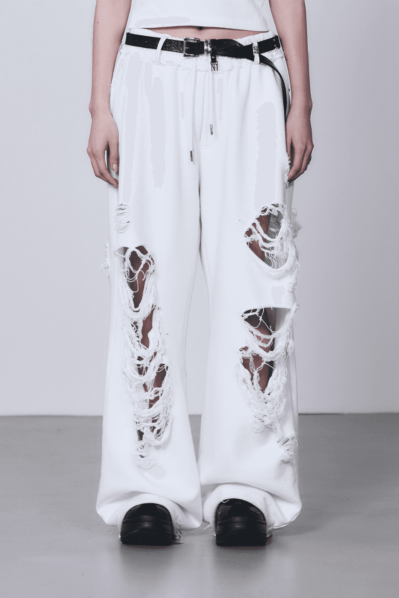 Scratch Damage Wide Sweat Pants [ White ]