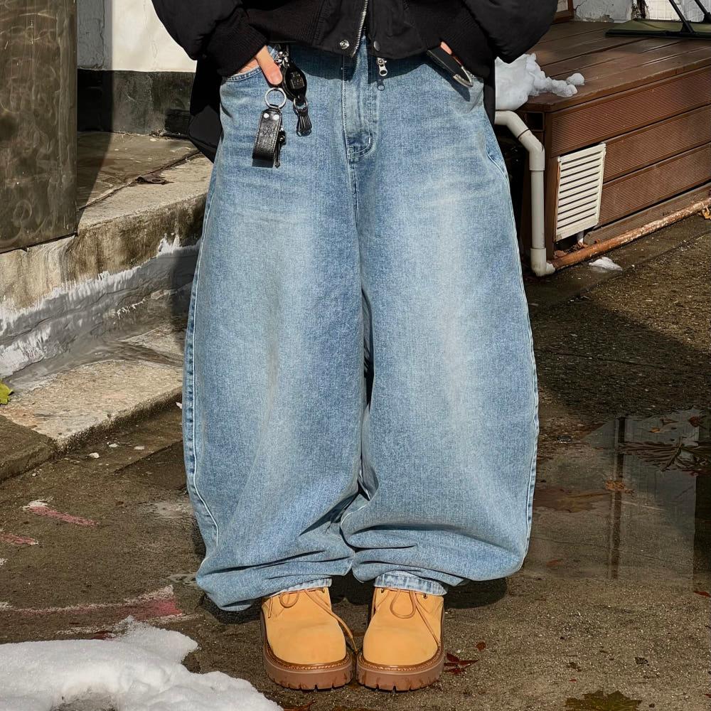 렌 워시드 벌룬와이드 데님팬츠 2C 연청 흑청 남자 여자 스트릿 캐주얼 배기진 항아리바지